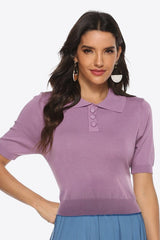 Buttoned Collared Neck Short Sleeve Knit Top - Cute Little Wish