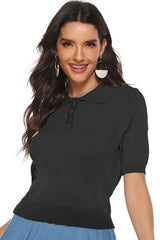 Buttoned Collared Neck Short Sleeve Knit Top - Cute Little Wish