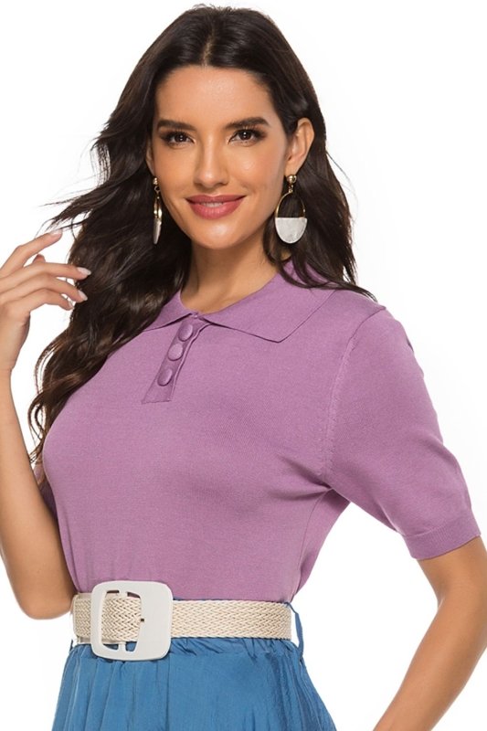 Buttoned Collared Neck Short Sleeve Knit Top - Cute Little Wish