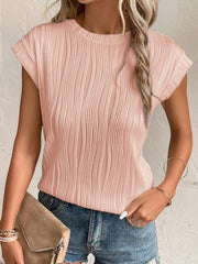 Textured Round Neck Cap Sleeve T-Shirt - Cute Little Wish