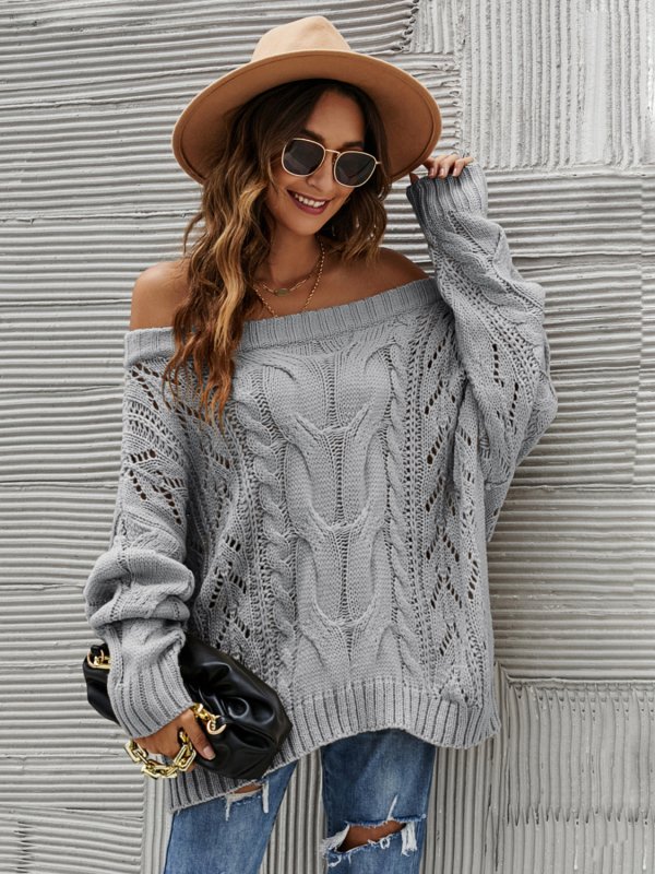 Cable Knit Openwork Off - Shoulder Sweater