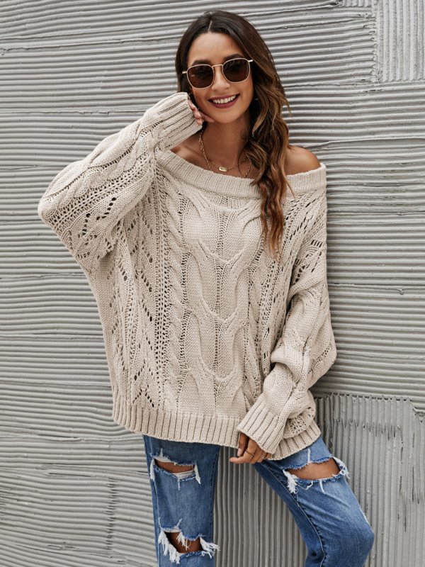 Cable Knit Openwork Off - Shoulder Sweater