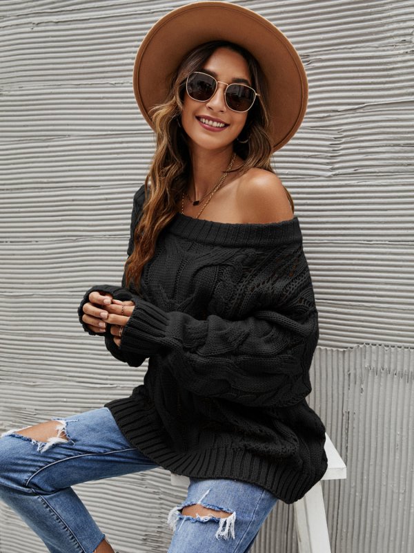 Cable Knit Openwork Off - Shoulder Sweater