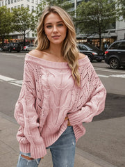 Cable Knit Openwork Off - Shoulder Sweater