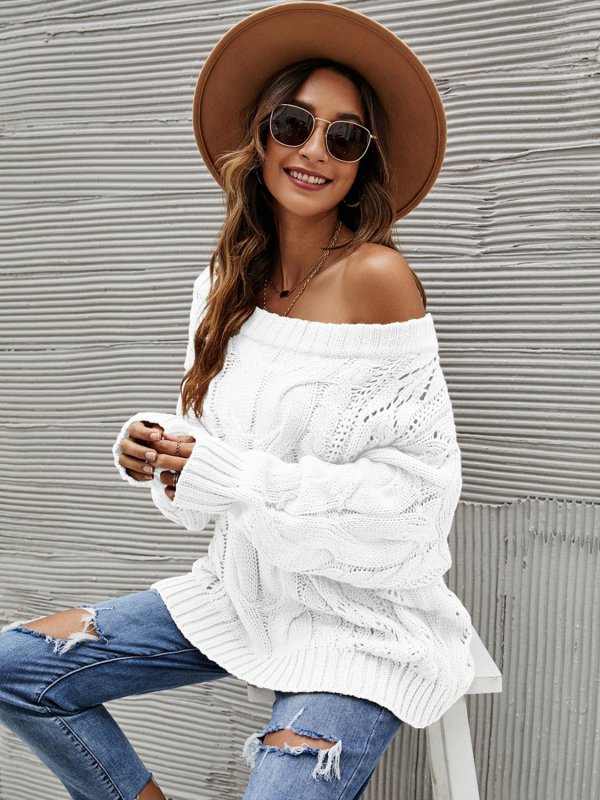 Cable Knit Openwork Off - Shoulder Sweater