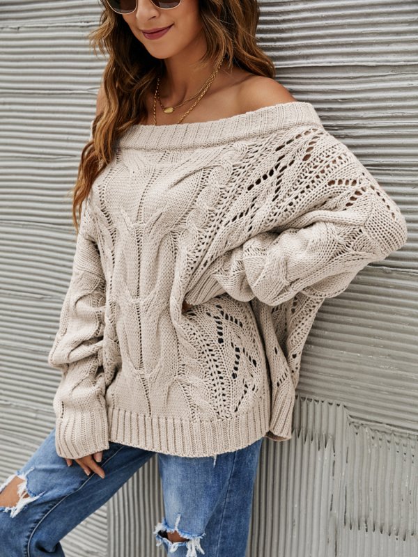 Cable Knit Openwork Off - Shoulder Sweater