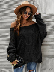 Cable Knit Openwork Off - Shoulder Sweater