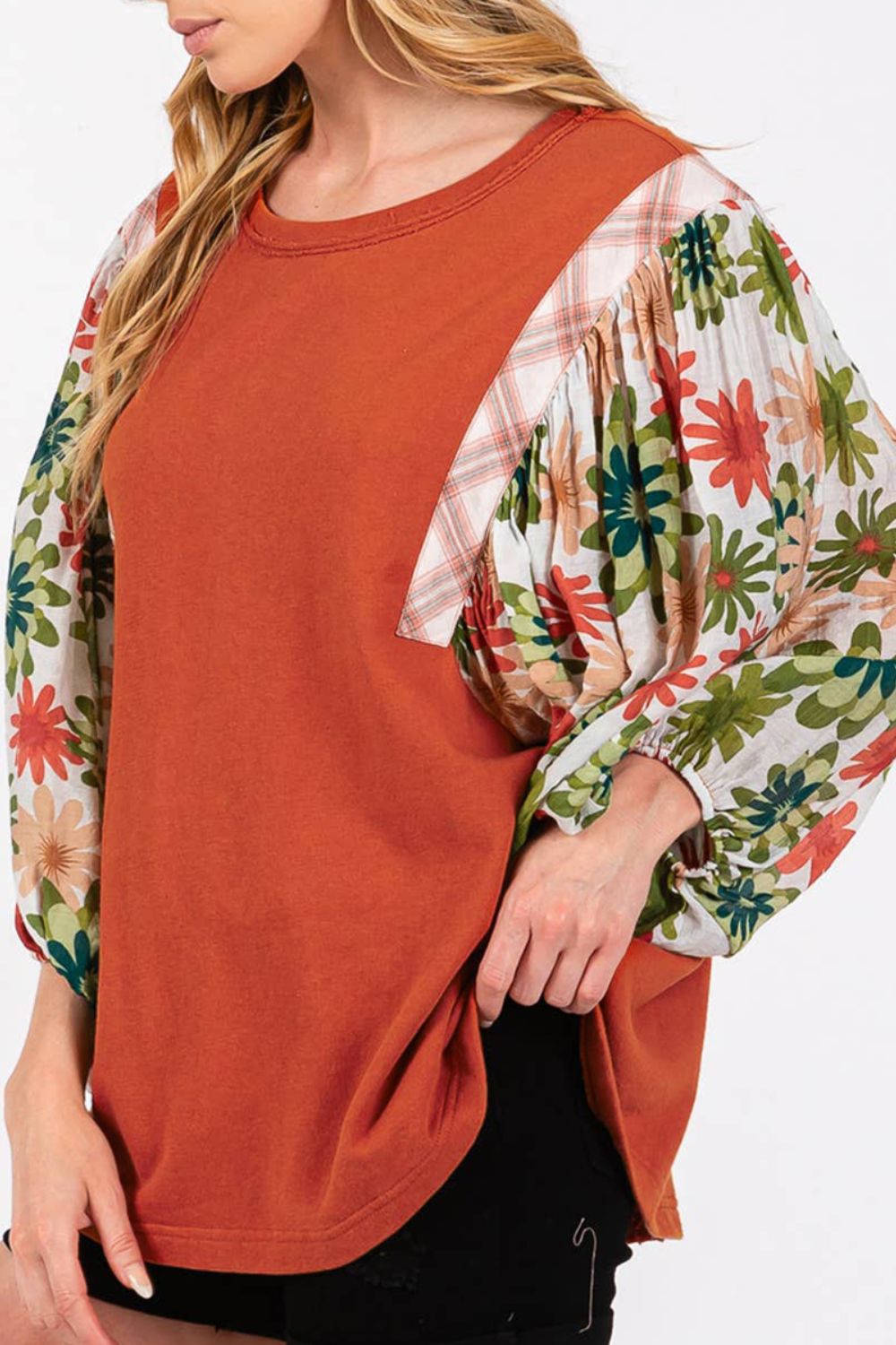 Printed Round Neck Balloon Sleeve Blouse