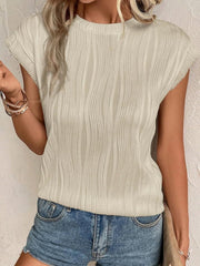 Textured Round Neck Cap Sleeve T-Shirt - Cute Little Wish