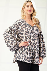 Celeste Full Size Leopard V - Neck Balloon Sleeve Blouse