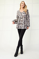 Celeste Full Size Leopard V - Neck Balloon Sleeve Blouse