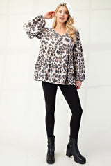 Celeste Full Size Leopard V - Neck Balloon Sleeve Blouse