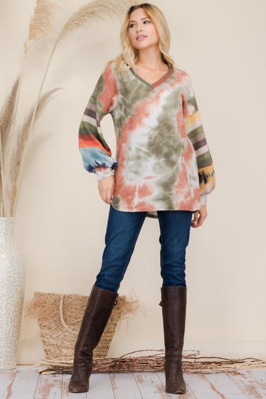 Celeste Full Size Tie - Dye Contrast Striped V - Neck Long Sleeve Blouse