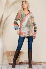 Celeste Full Size Tie - Dye Contrast Striped V - Neck Long Sleeve Blouse