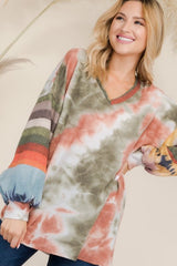 Celeste Full Size Tie - Dye Contrast Striped V - Neck Long Sleeve Blouse