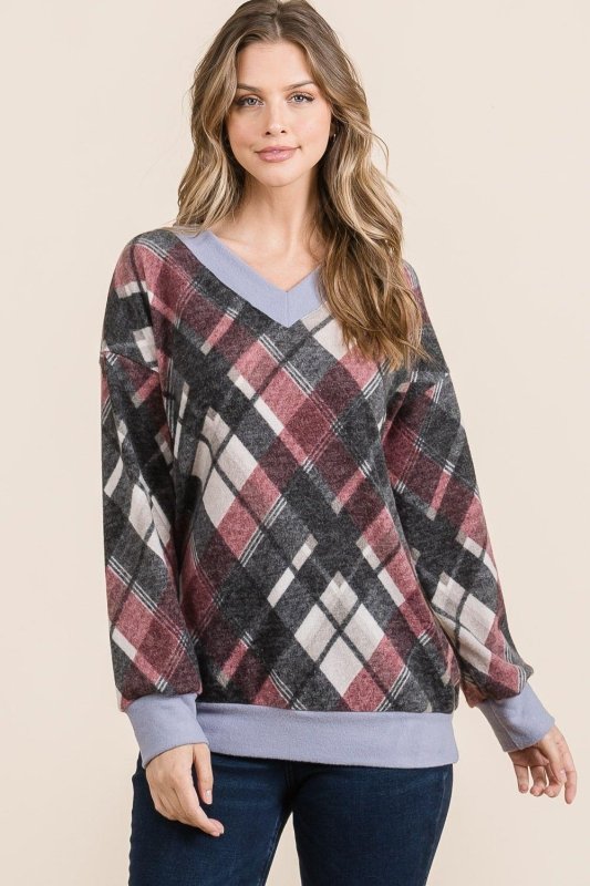 Celeste Plaid V - Neck Long Sleeve T-Shirt