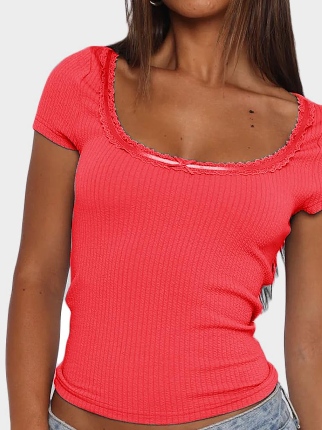 Lace Detail Scoop Neck Short Sleeve T-Shirt