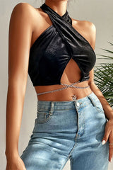 Chain Detail Halter Neck Velvet Cropped Top - Cute Little Wish