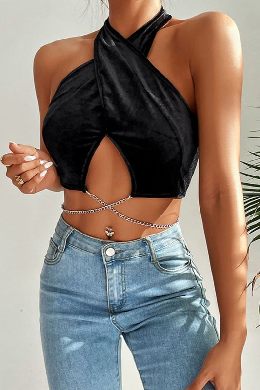 Chain Detail Halter Neck Velvet Cropped Top - Cute Little Wish