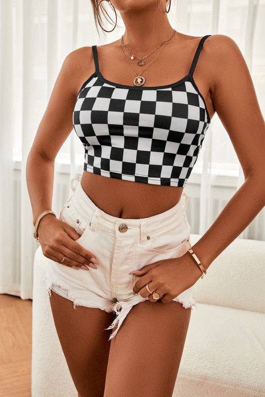 Checkered Adjustable Strap Cropped Cami - Cute Little Wish