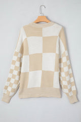 Checkered Round Neck Drop Shoulder Sweater