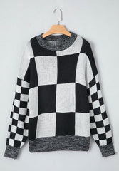 Checkered Round Neck Drop Shoulder Sweater