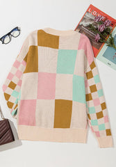 Checkered Round Neck Drop Shoulder Sweater