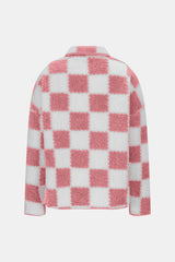 Checkered Snap Down Long Sleeve Teddy Jacket