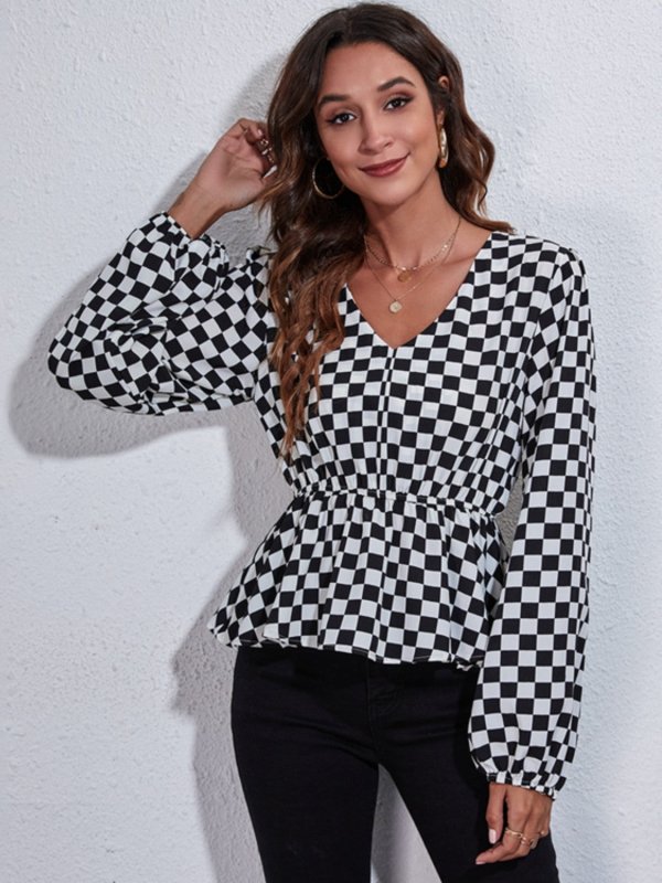 Checkered V-Neck Balloon Sleeve Peplum Blouse - Cute Little Wish