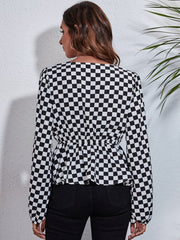 Checkered V-Neck Balloon Sleeve Peplum Blouse - Cute Little Wish