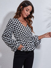 Checkered V-Neck Balloon Sleeve Peplum Blouse - Cute Little Wish