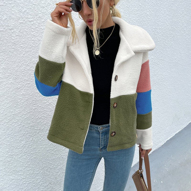 Color Block Button Down Collared Jacket - Cute Little Wish