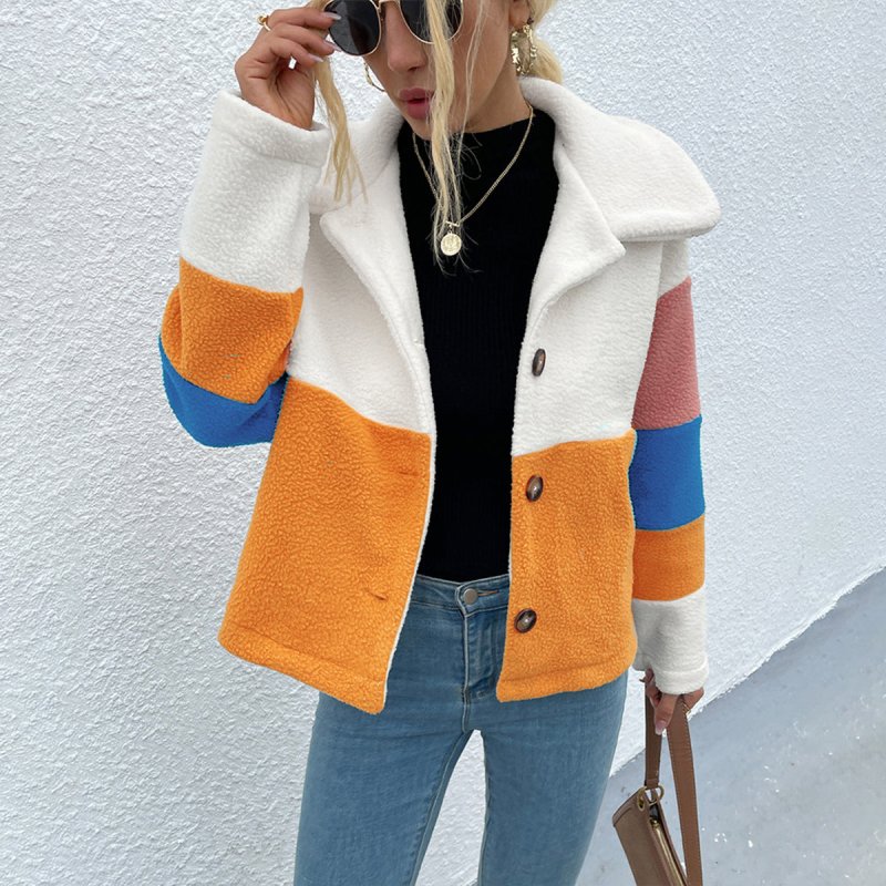 Color Block Button Down Collared Jacket - Cute Little Wish