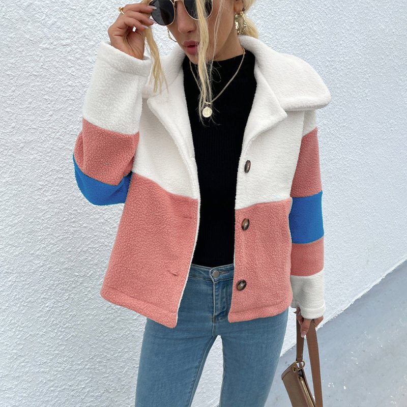 Color Block Button Down Collared Jacket - Cute Little Wish