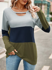 Color Block Cutout Round Neck Long Sleeve T-Shirt - Cute Little Wish