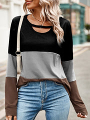 Color Block Cutout Round Neck Long Sleeve T-Shirt - Cute Little Wish