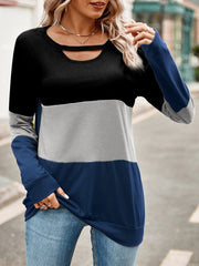 Color Block Cutout Round Neck Long Sleeve T-Shirt - Cute Little Wish