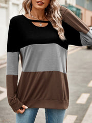 Color Block Cutout Round Neck Long Sleeve T-Shirt - Cute Little Wish