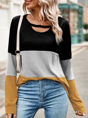 Color Block Cutout Round Neck Long Sleeve T-Shirt - Cute Little Wish