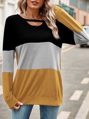 Color Block Cutout Round Neck Long Sleeve T-Shirt - Cute Little Wish