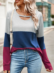 Color Block Cutout Round Neck Long Sleeve T-Shirt - Cute Little Wish