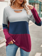 Color Block Cutout Round Neck Long Sleeve T-Shirt - Cute Little Wish