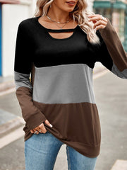 Color Block Cutout Round Neck Long Sleeve T-Shirt - Cute Little Wish