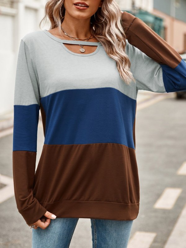 Color Block Cutout Round Neck Long Sleeve T-Shirt - Cute Little Wish