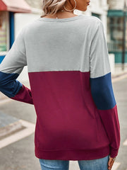 Color Block Cutout Round Neck Long Sleeve T-Shirt - Cute Little Wish