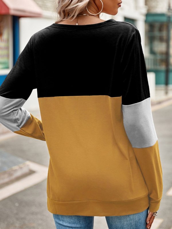Color Block Cutout Round Neck Long Sleeve T-Shirt - Cute Little Wish