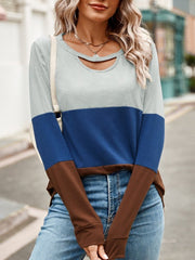 Color Block Cutout Round Neck Long Sleeve T-Shirt - Cute Little Wish