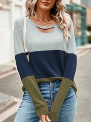 Color Block Cutout Round Neck Long Sleeve T-Shirt - Cute Little Wish