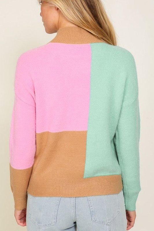 Color Block Mock Neck Ribbed Trim Sweater