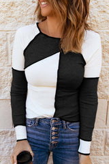 Color Block Round Neck Long Sleeve T-Shirt - Cute Little Wish